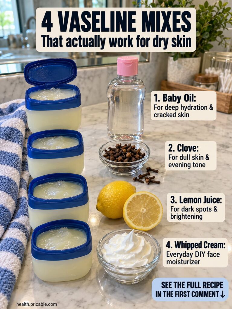 A small clear jar filled with a thick glossy pale yellow cream with a tube of Vaseline and a bottle of baby oil next to 