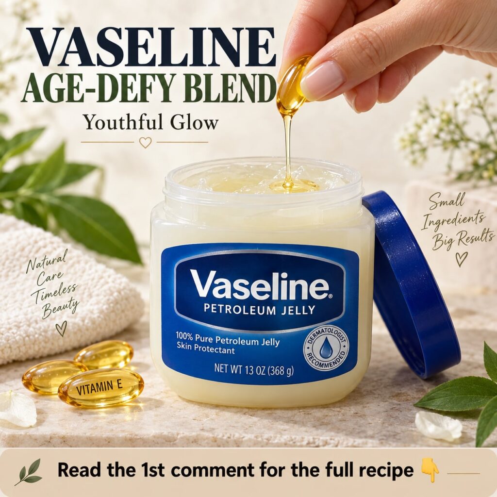 A jar of Vaseline next to a few Vitamin E capsules and a small dish with a homemade Vaseline and Vitamin E cream suggest