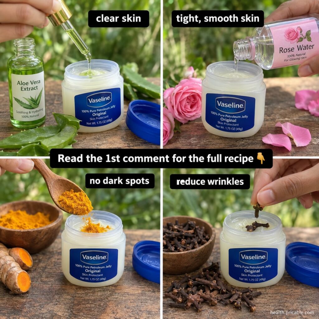 Various natural ingredients including Vaseline a fresh aloe vera leaf ground turmeric powder in a small bowl and a bottl
