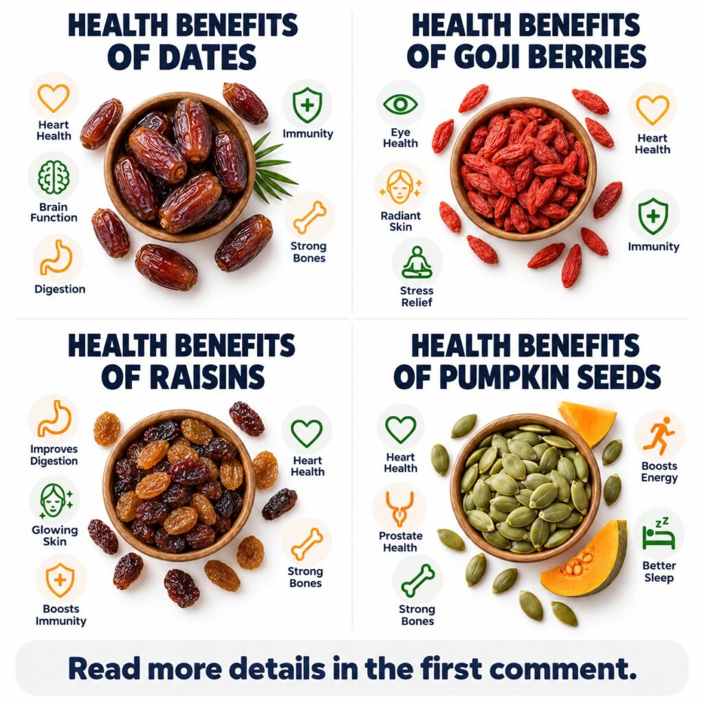 An infographic showcasing four superfoods Dates Goji Berries Raisins and Pumpkin Seeds each in a wooden bowl with icons