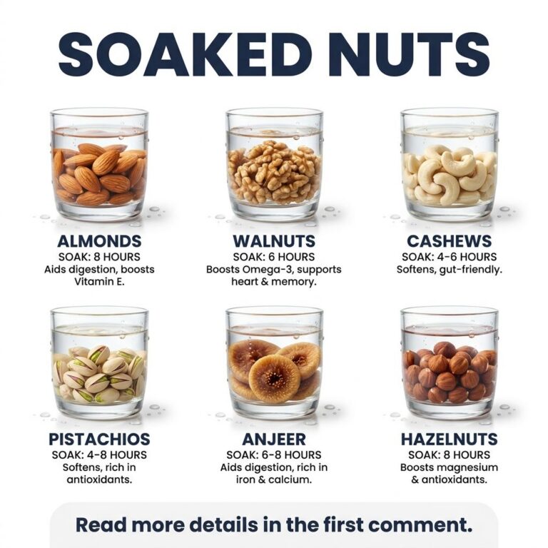 A clean infographic titled SOAKED NUTS showing six clear glasses with different nuts and dried fruit almonds walnuts cas