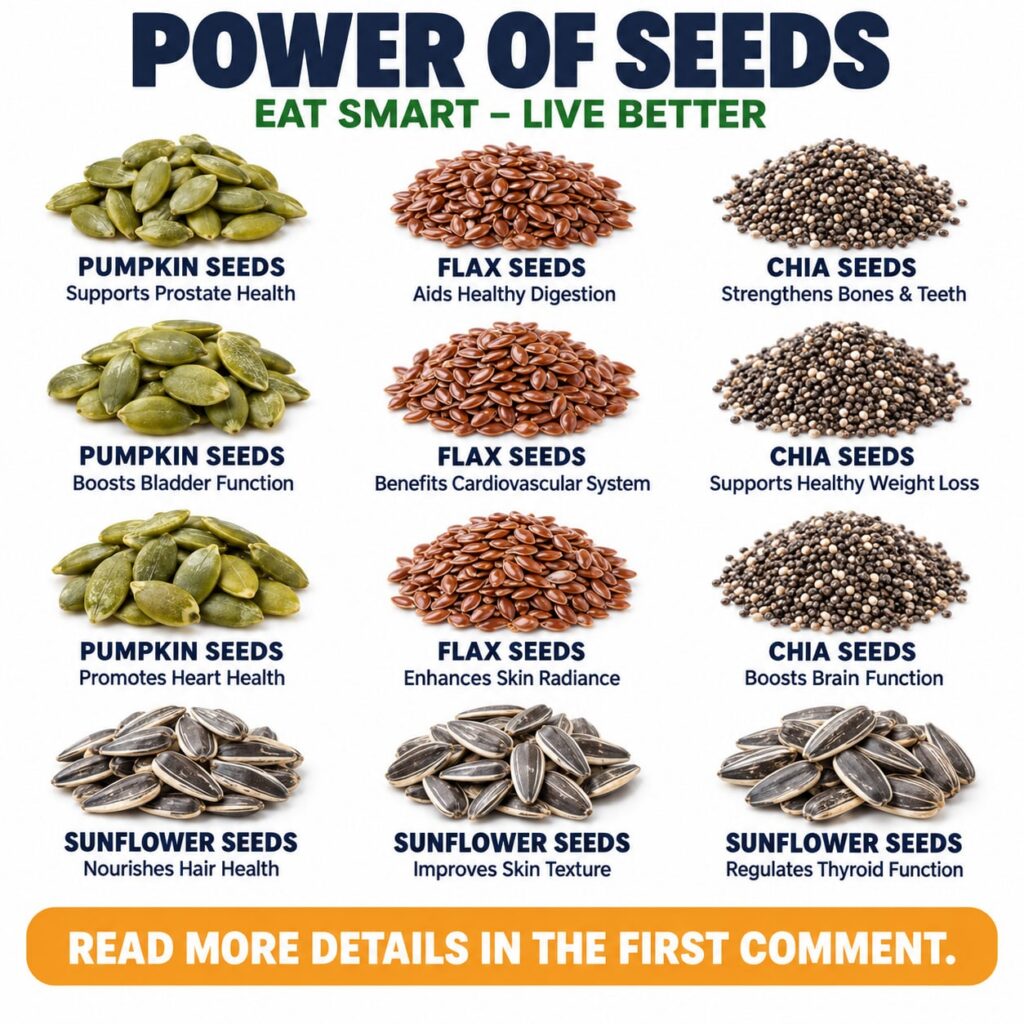 An infographic titled POWER OF SEEDS showing pumpkin flax chia and sunflower seeds with their respective health benefits