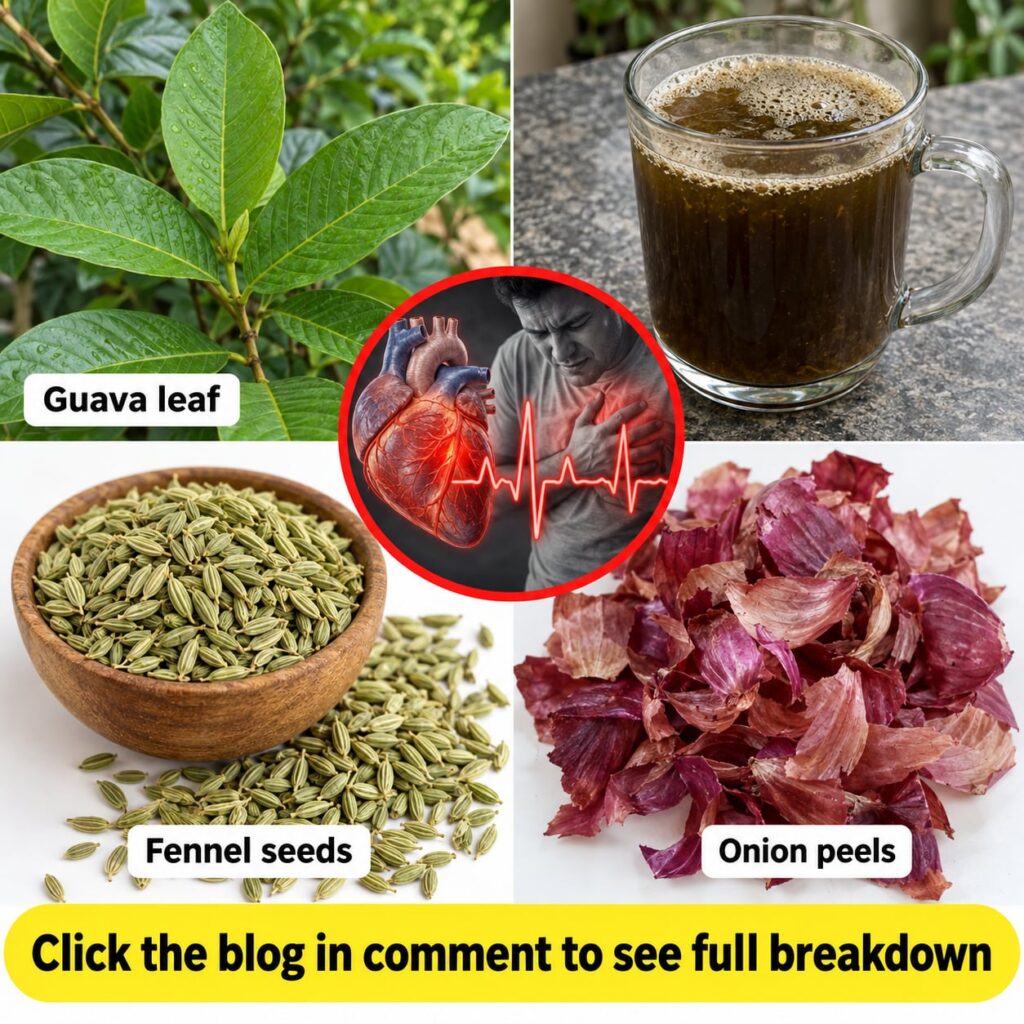 A close-up of onion peels fresh guava leaves and fennel seeds on a rustic wooden surface suggesting natural home remedie