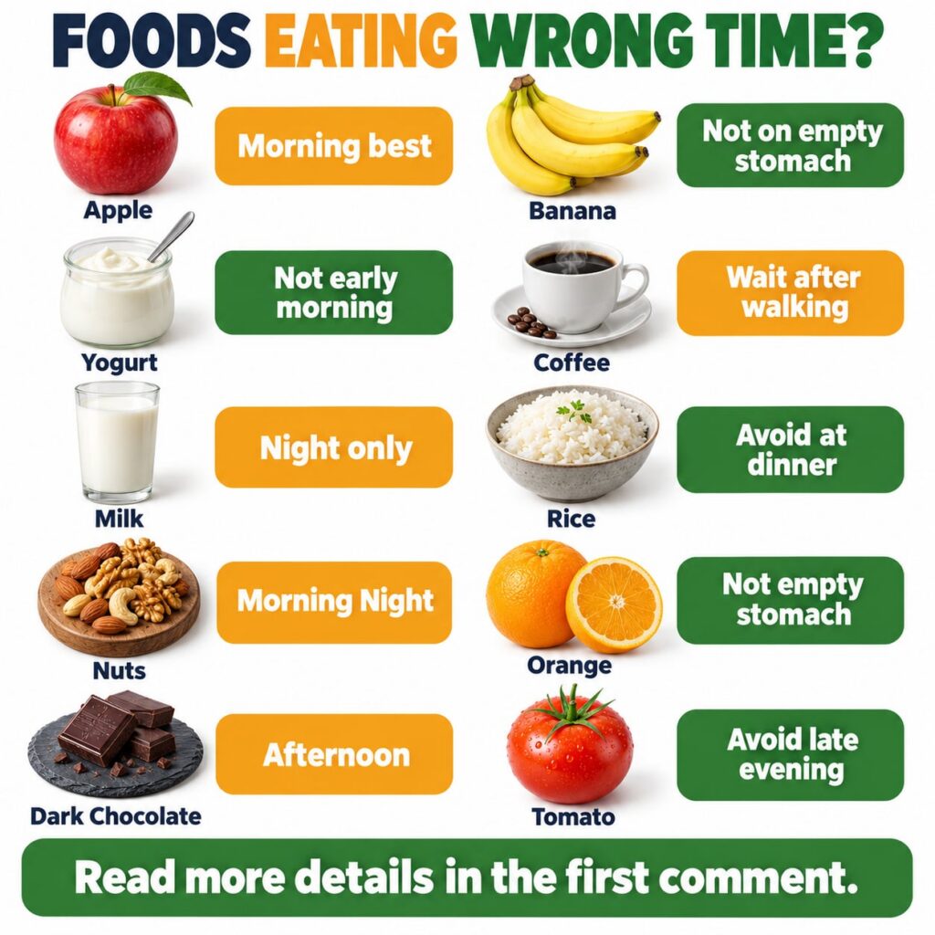 An infographic showing various common foods like apples bananas yogurt and coffee with color-coded advice on the best an