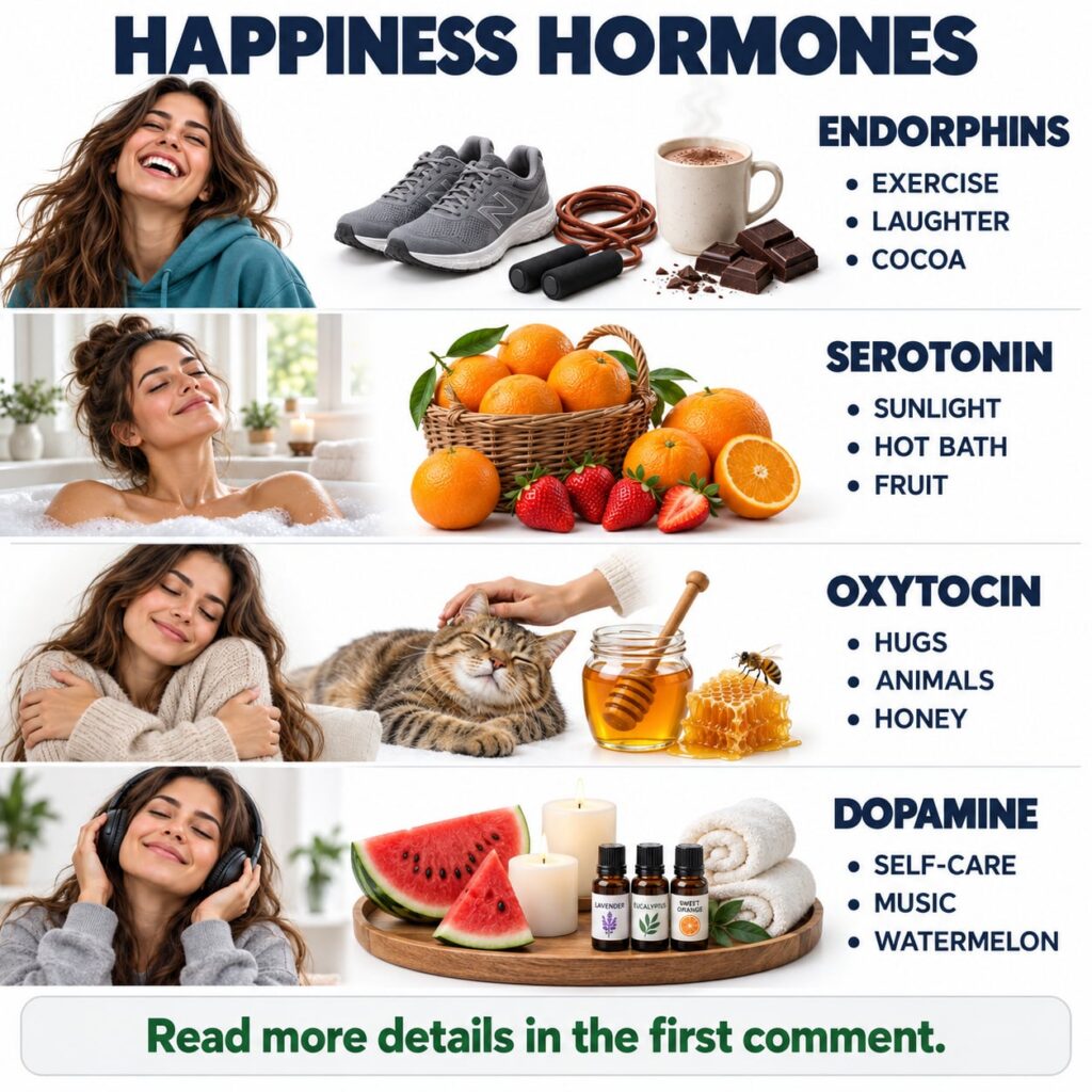An infographic titled HAPPINESS HORMONES showing four sections for Endorphins Serotonin Oxytocin and Dopamine each with 