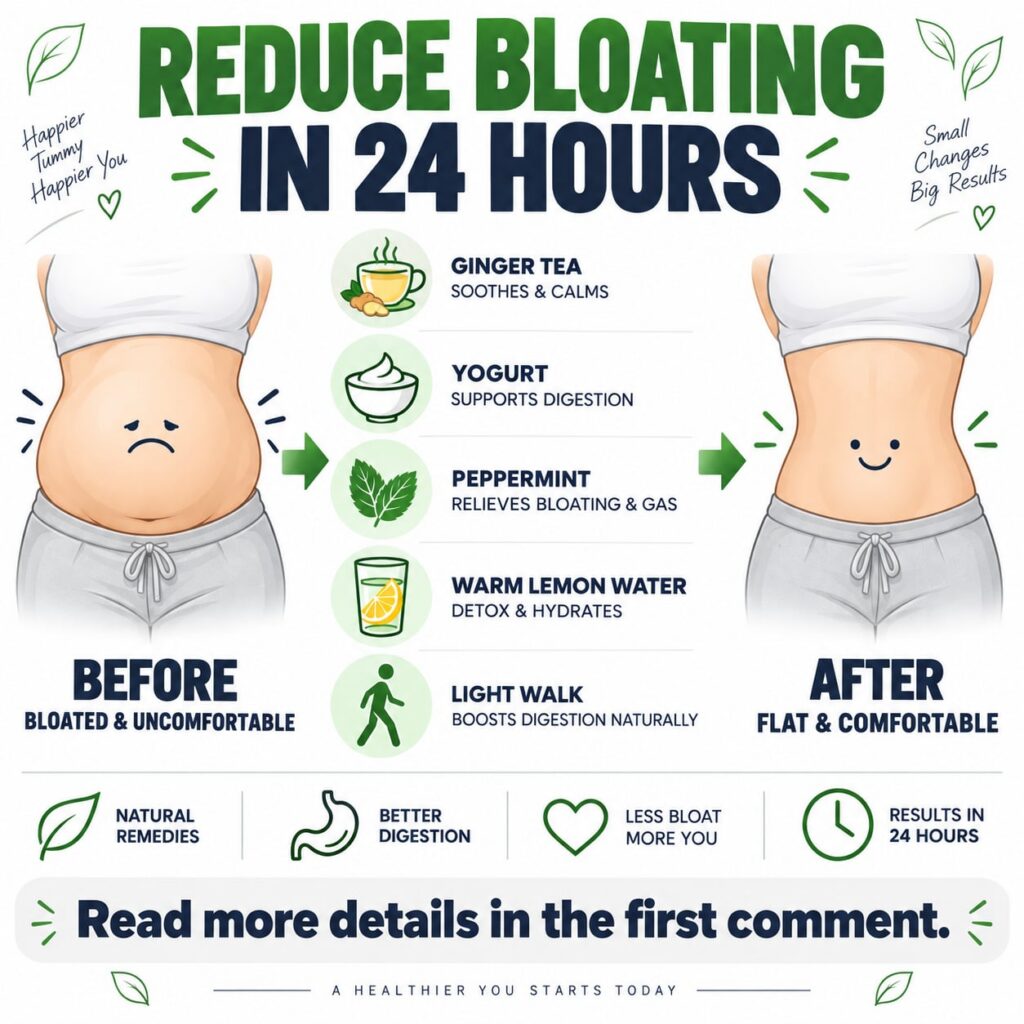 An infographic showing a BEFORE and AFTER comparison of a woman s torso with a bloated stomach transitioning to a flat s