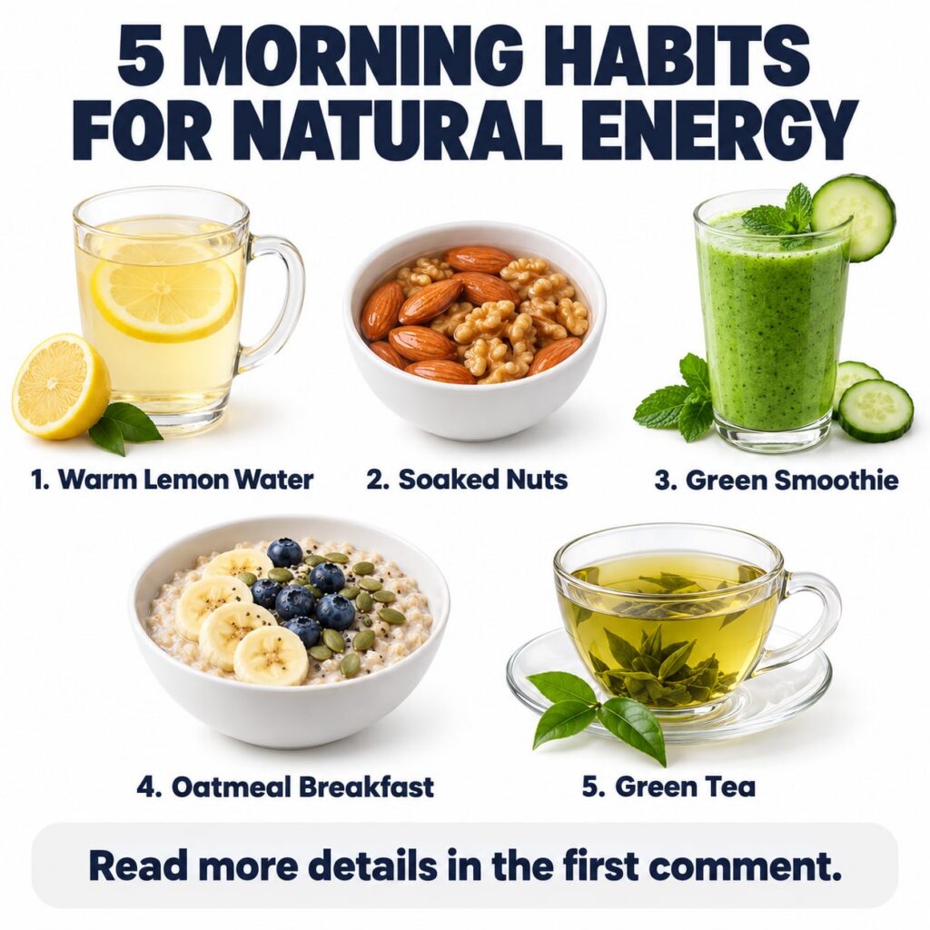 Infographic-style visual showcasing five healthy morning habits for natural energy featuring warm lemon water soaked nut