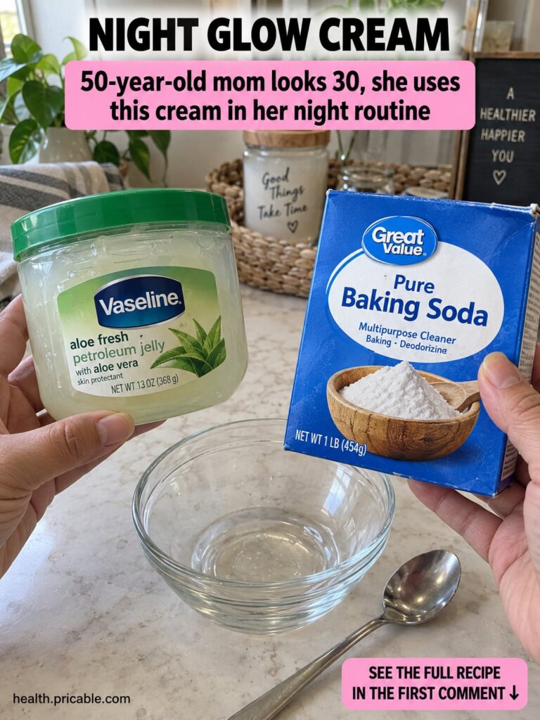 A small clear glass jar filled with a white creamy mixture Next to it are a tube of Vaseline and a box of baking soda il