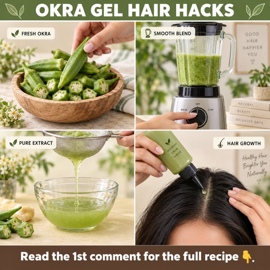 A bowl of green translucent homemade okra hair gel with a few fresh okra pods next to it on a natural wooden surface The