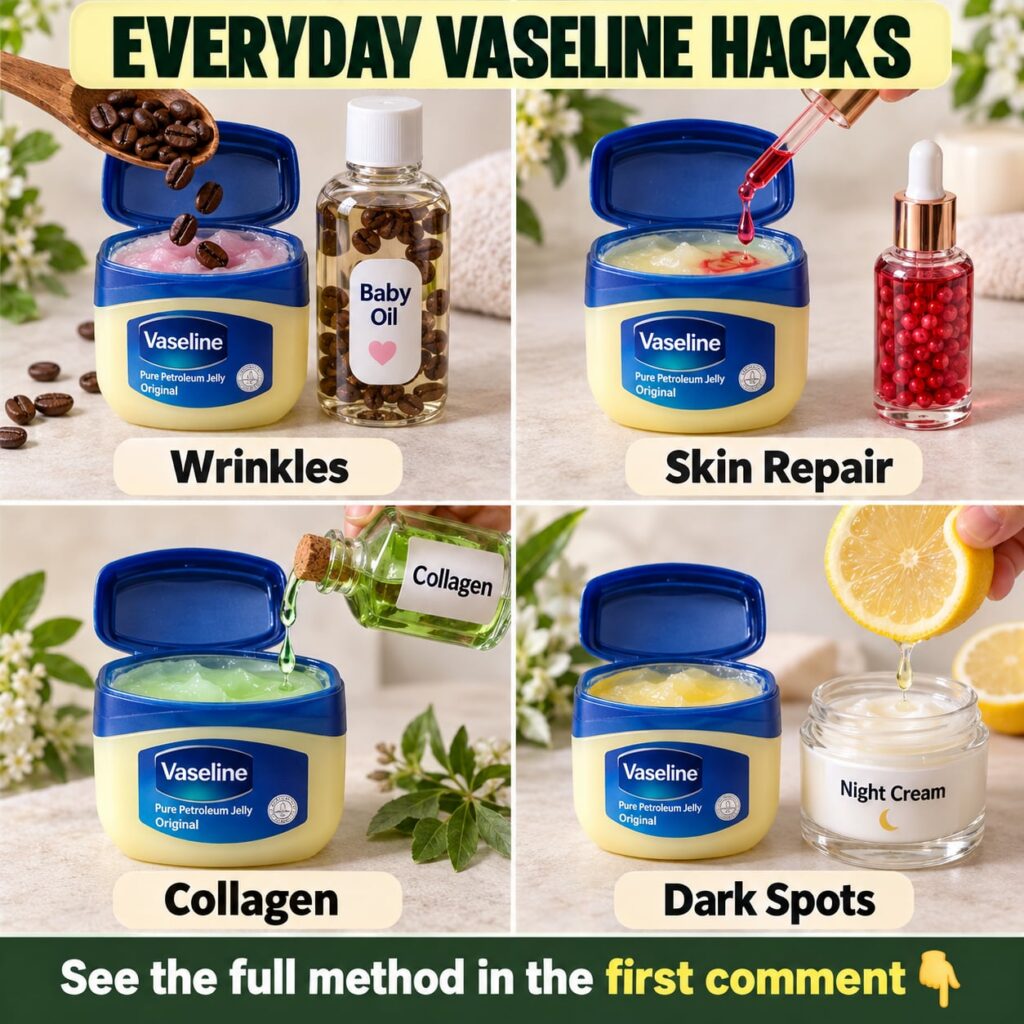 A jar of Vaseline petroleum jelly prominently displayed with soft lighting suggesting gentle skincare use