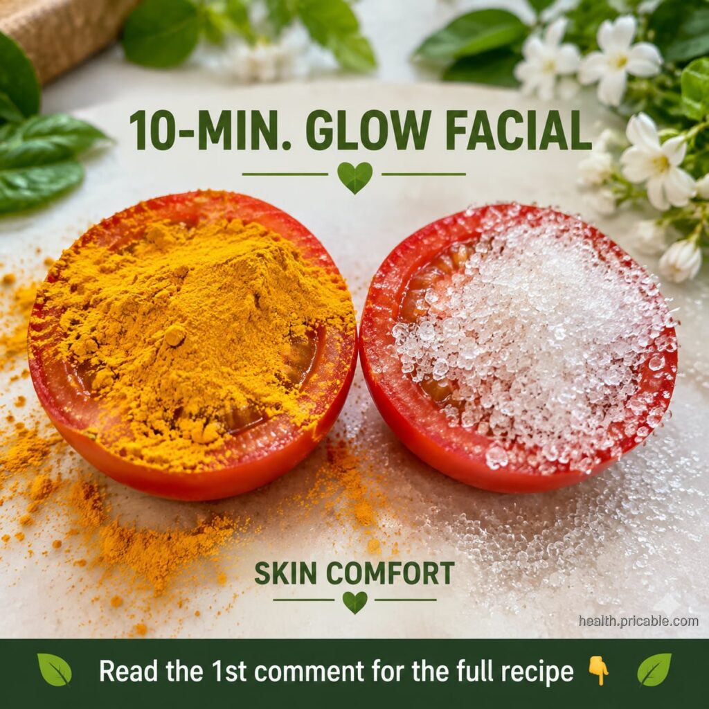 Ingredients for a tomato turmeric and sugar face mask showing a sliced fresh tomato a small bowl of yellow turmeric powd
