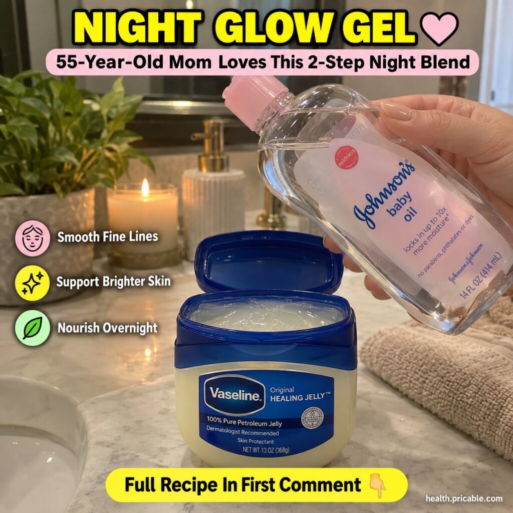 A woman gently massaging a clear gel onto her face at night her skin looking soft and radiant in soft warm lighting
