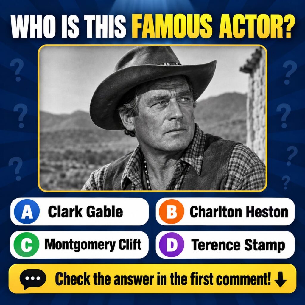 A black and white portrait of Charlton Heston wearing a cowboy hat and plaid shirt from a multiple-choice quiz graphic
