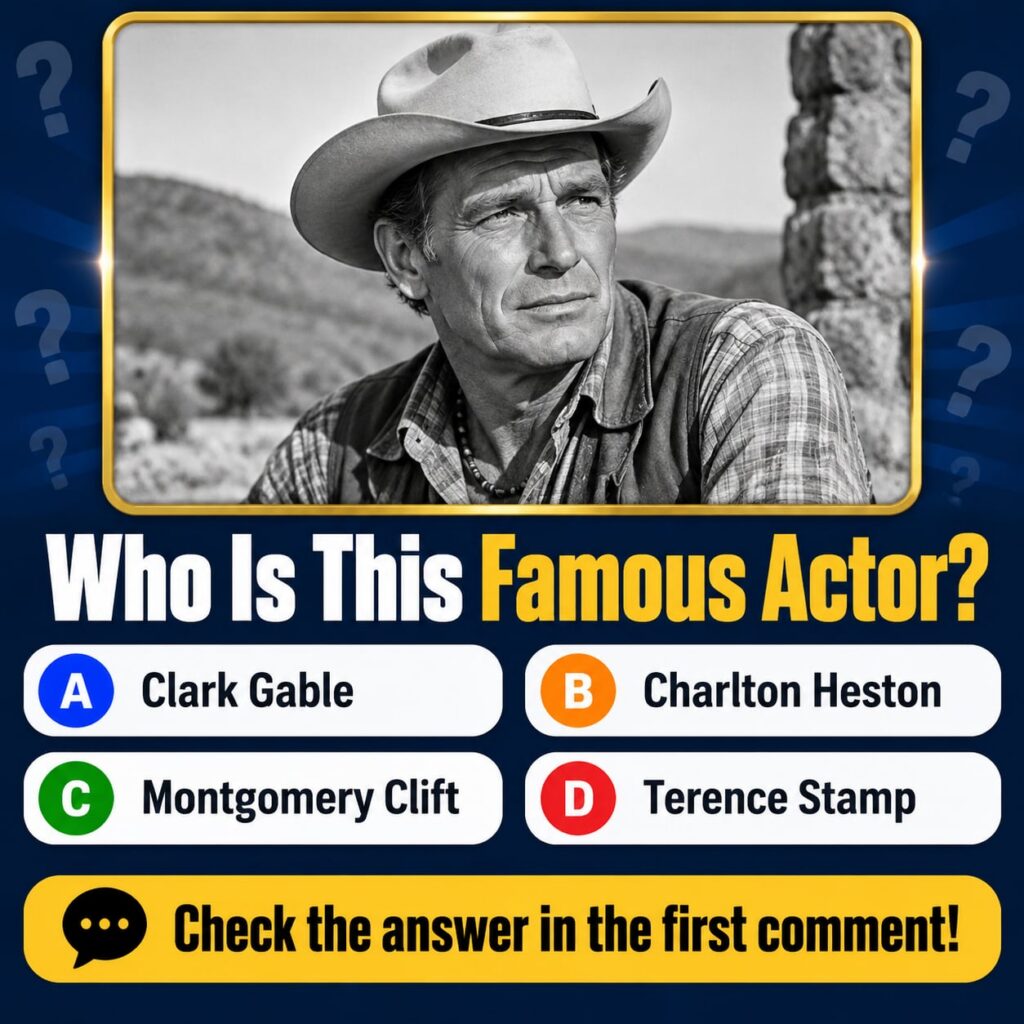 Black and white portrait of Charlton Heston in a cowboy hat and plaid shirt looking thoughtfully to the right The image 
