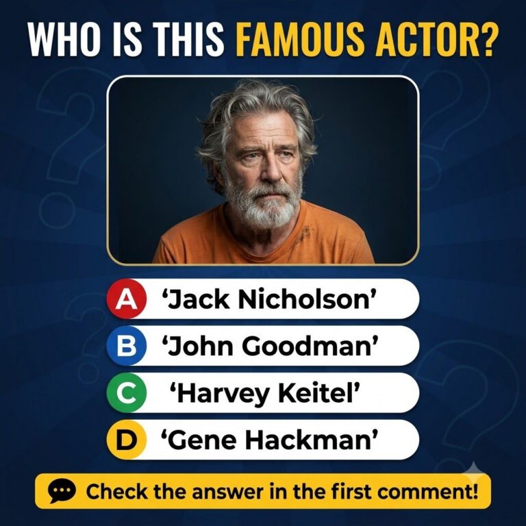 A quiz image showing a portrait of an older male actor with grey tousled hair and a full beard wearing an orange t-shirt