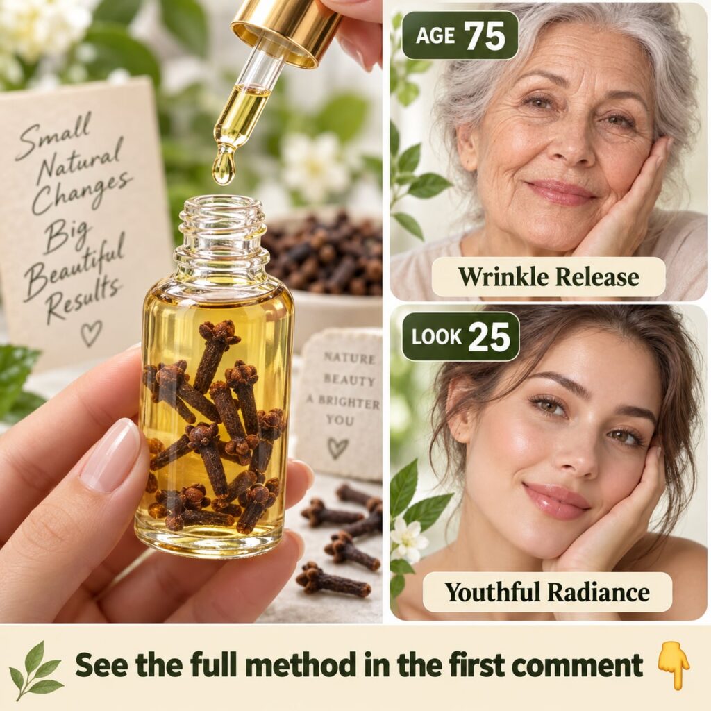 A close-up shot of a small glass dropper bottle filled with a light brown liquid labeled Clove Drops placed next to drie