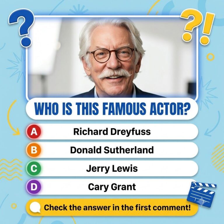 A multiple-choice quiz image featuring a smiling Donald Sutherland in a blue-bordered frame with the question WHO IS THI