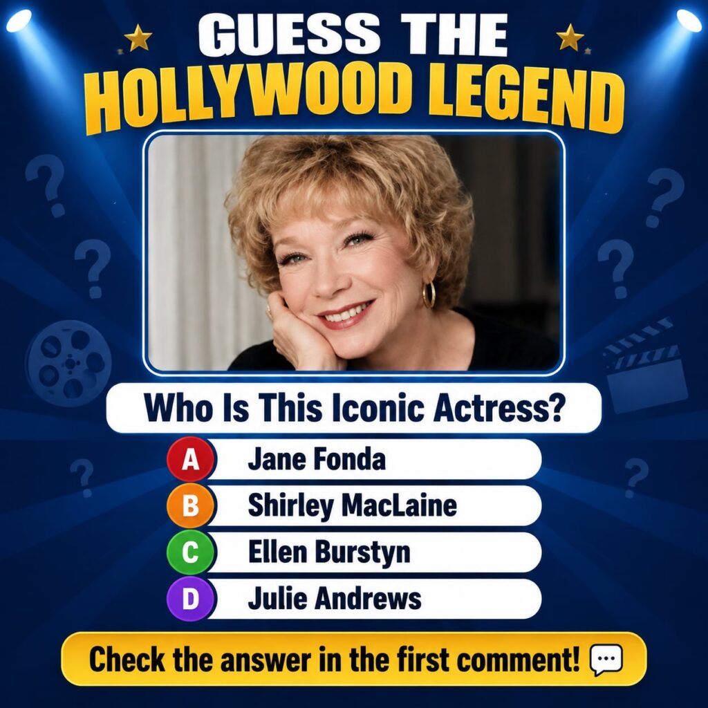 A quiz graphic featuring a portrait of Shirley MacLaine smiling with short blonde hair and hoop earrings above multiple-