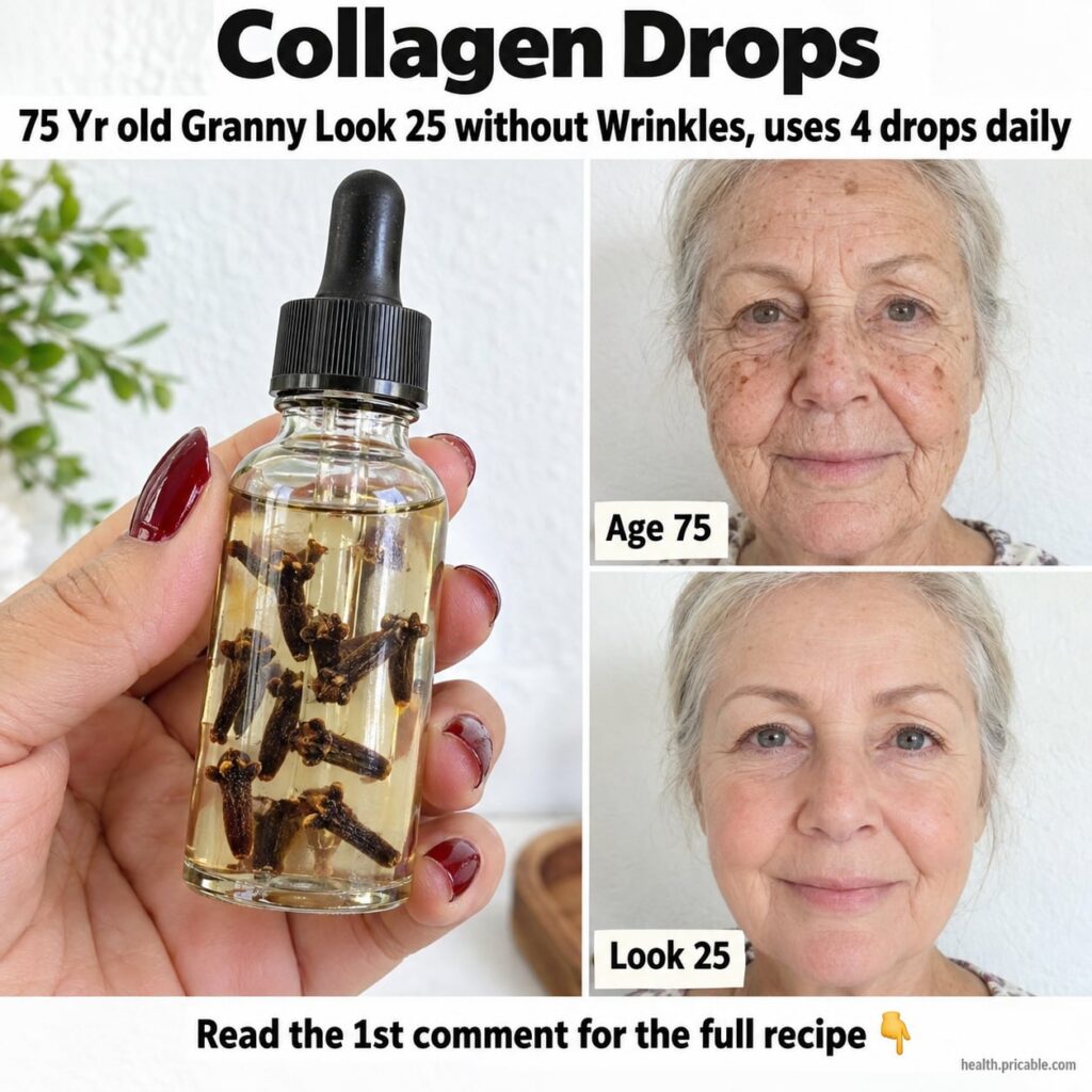 A small glass dropper bottle filled with a golden oil labeled Clove Radiance Drops next to fresh cloves and a green leaf