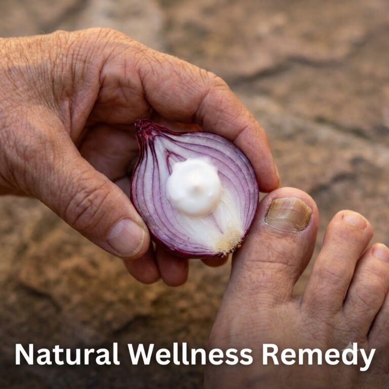 A person applying a slice of onion to a discolored toenail demonstrating a home remedy for nail fungus