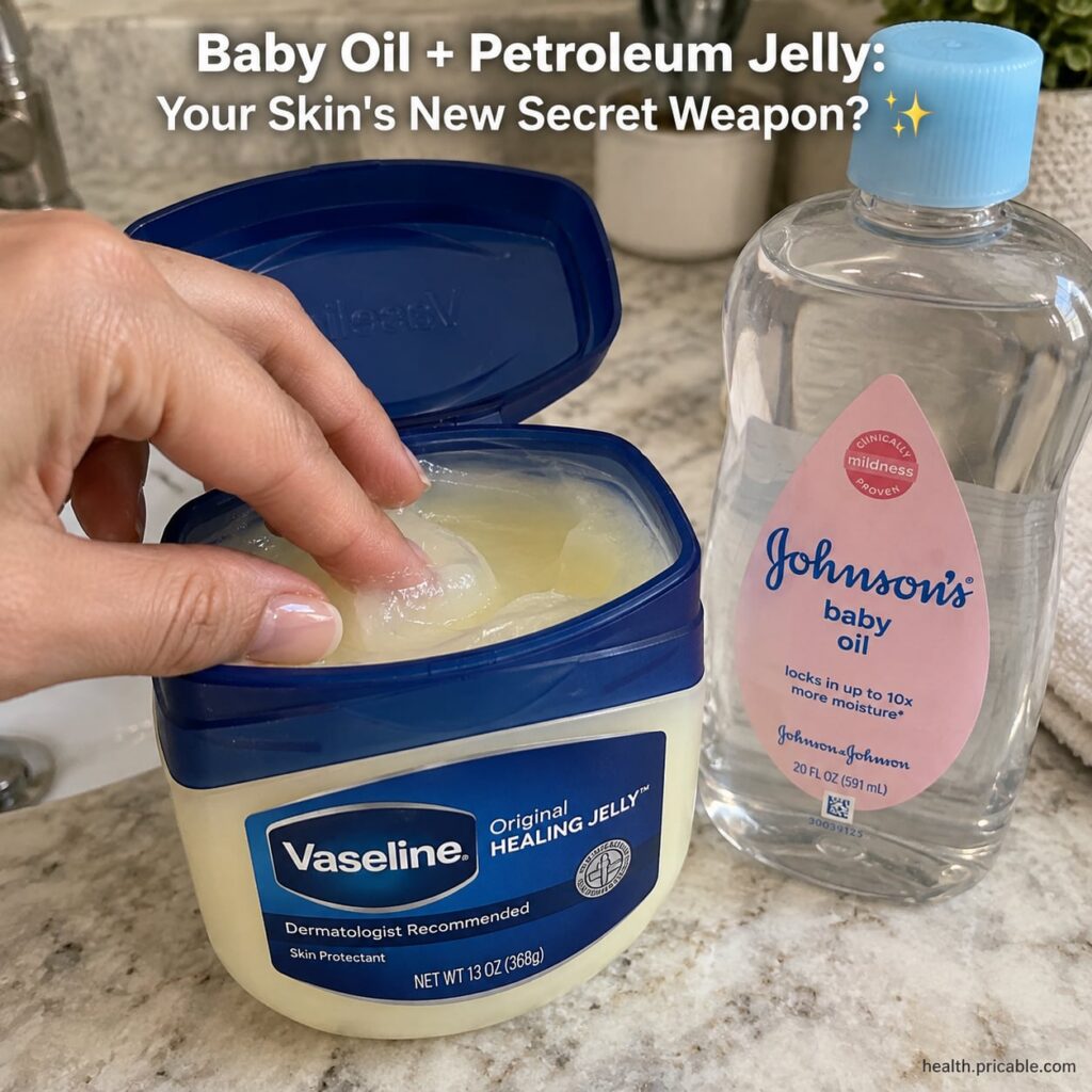 A still life shot of a bottle of baby oil and a jar of petroleum jelly on a clean light-colored bathroom counter with so