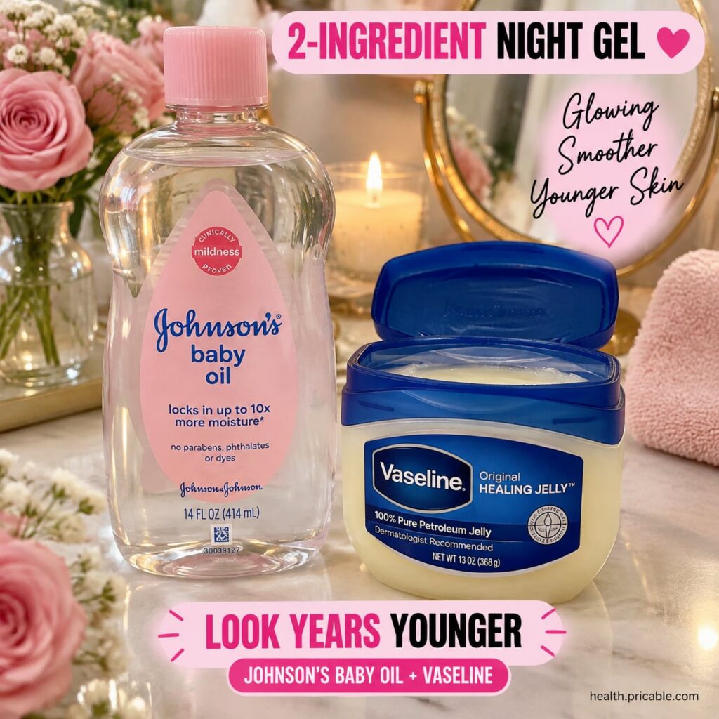 A clear glass jar filled with a translucent slightly yellowish gel with a small bottle of Johnson s Baby Oil and a jar o