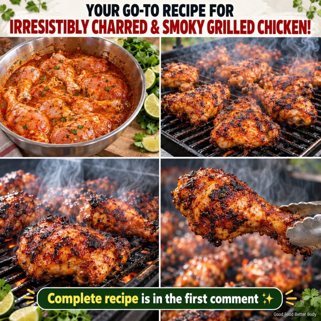 Platter of perfectly grilled chicken legs and thighs with a smoky charred exterior and juicy interior garnished with fre