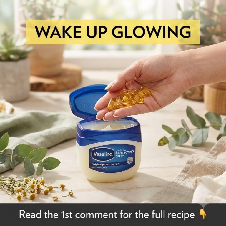 A close-up shot of a small jar of Vaseline next to several golden Vitamin E capsules with one capsule gently squeezed to