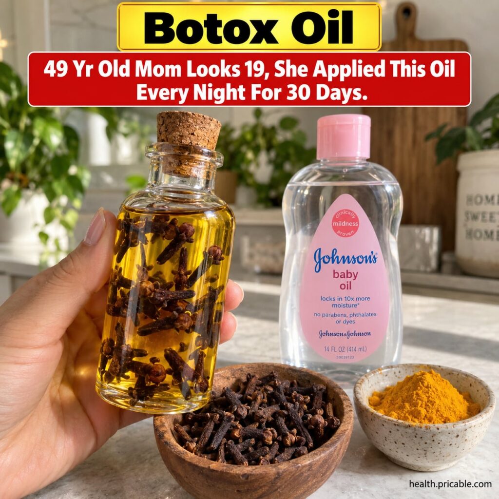 A small glass dropper bottle filled with golden Botox Oil made from cloves and baby oil with dried cloves visible at the