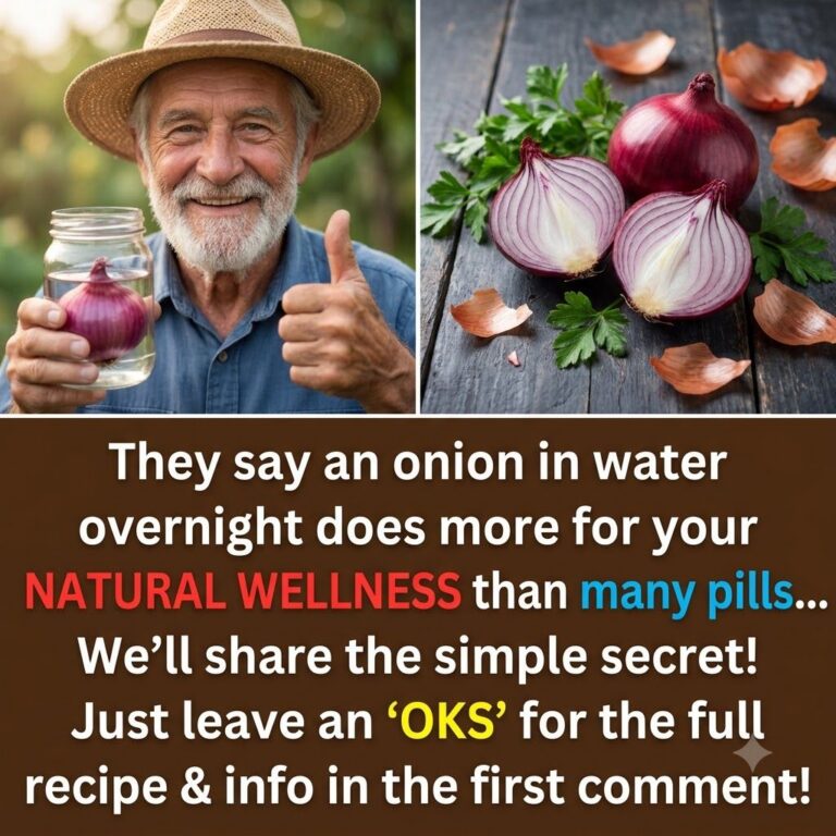 A glass jar filled with water containing slices of a red onion sitting on a wooden countertop The scene is warm and invi