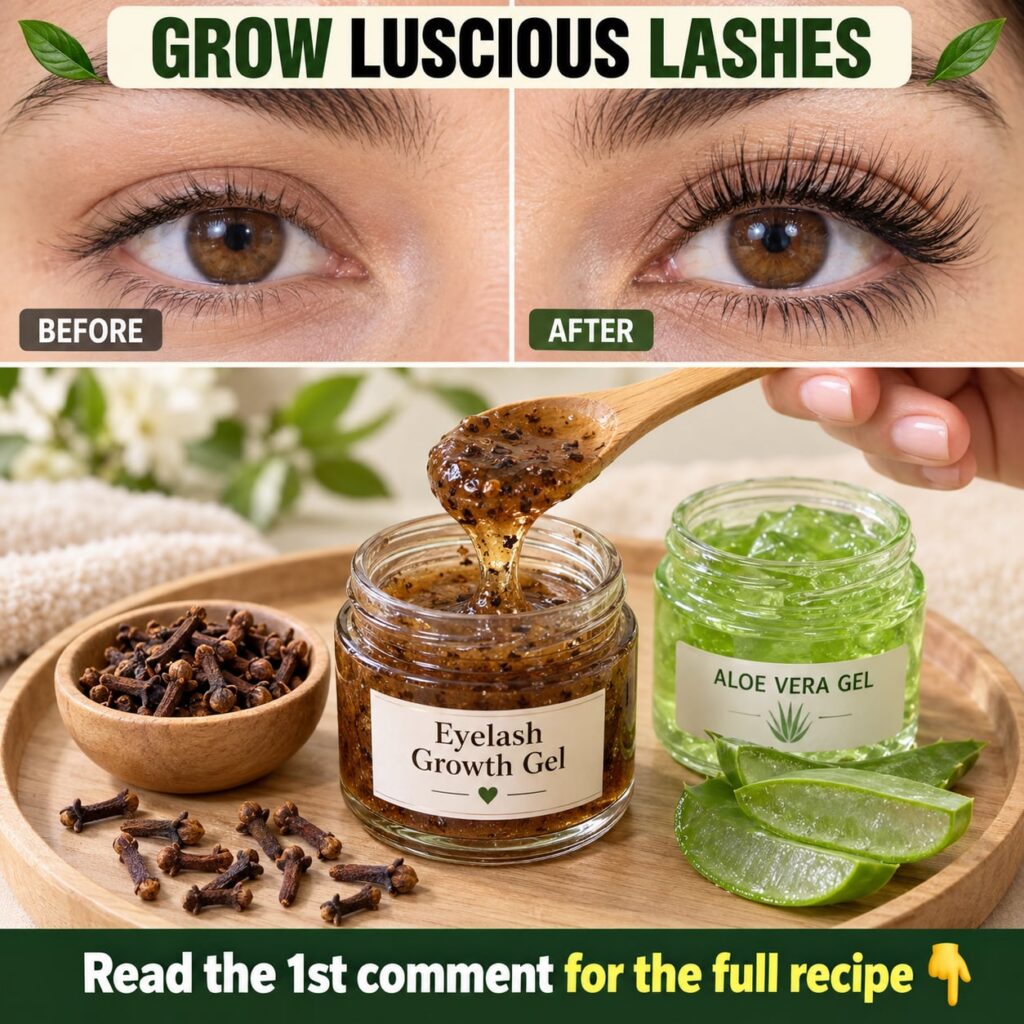 A small glass bottle or container filled with a light green homemade eyelash serum with fresh aloe vera leaves and a sca