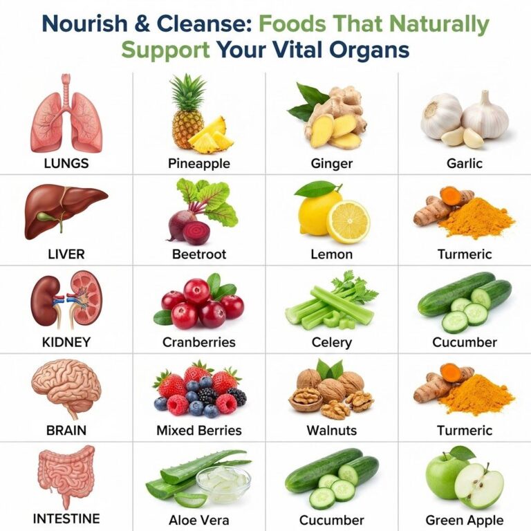 An infographic showing various foods that support vital organs such as lemons berries leafy greens and nuts arranged aro