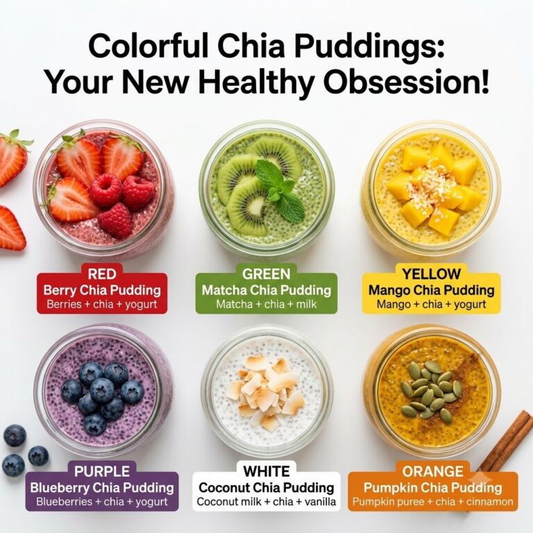 An assortment of vibrant colorful chia puddings in various glasses and bowls garnished with fresh fruits nuts and seeds 