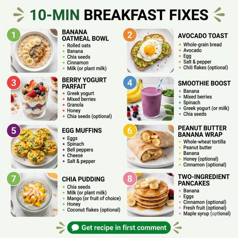 A vibrant flat lay of various healthy breakfast items such as overnight oats fruit yogurt and toast suggesting quick and