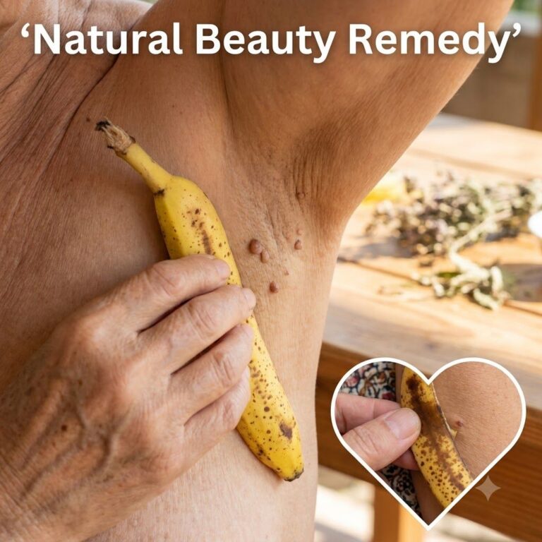 A ripe banana peel placed on the underarm area specifically over a small wart or skin tag demonstrating the natural reme