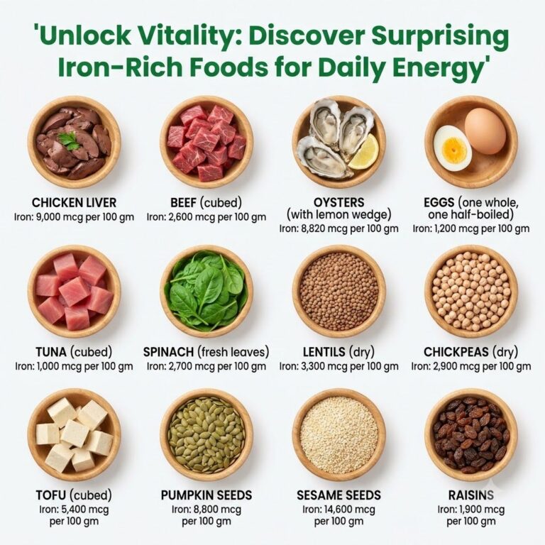A vibrant diverse spread of various iron-rich foods including lentils spinach pumpkin seeds dark chocolate and clams arr