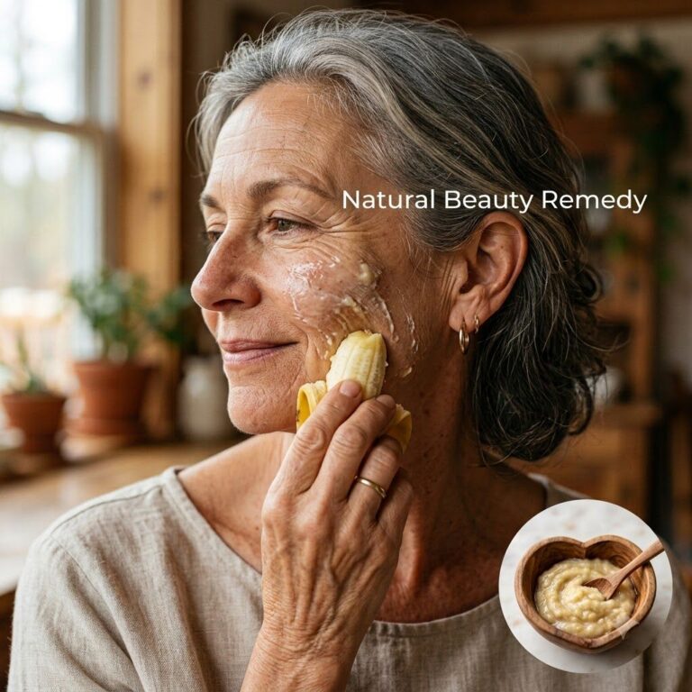A close-up of a homemade banana face scrub in a small bowl with a fresh banana and possibly honey or oats in the backgro