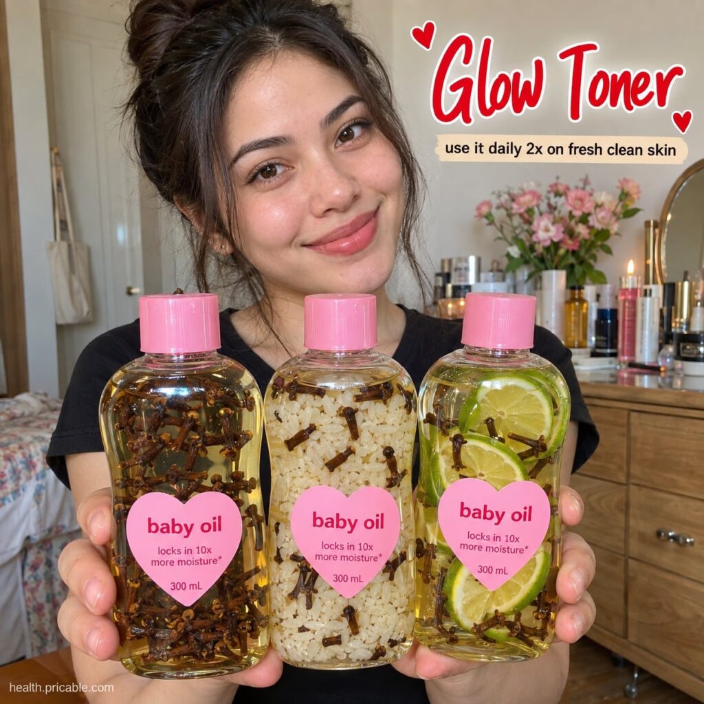 A close-up of a glass bottle filled with clear baby oil cloves and lime slices labeled Glow Toner