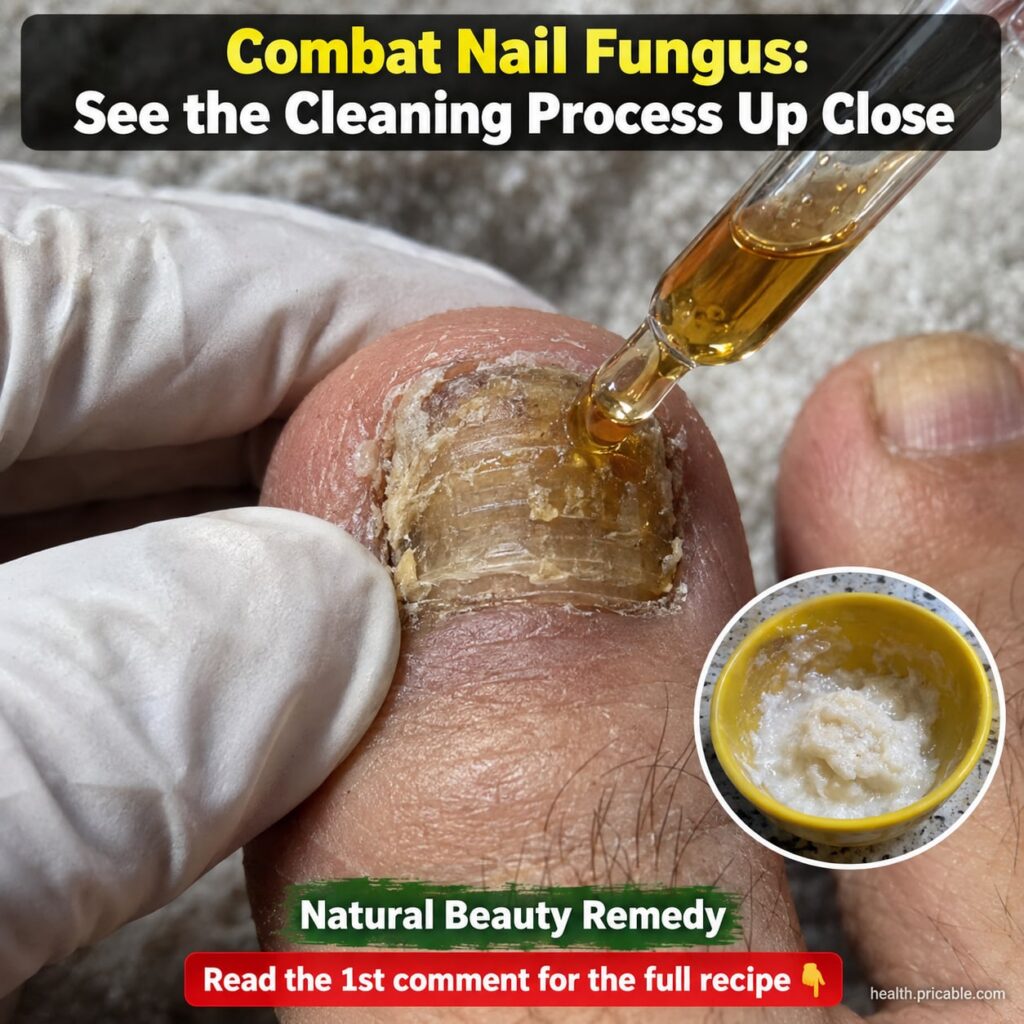 A person applying a natural liquid with a small brush to a toenail affected by fungus showing a focused cleaning process