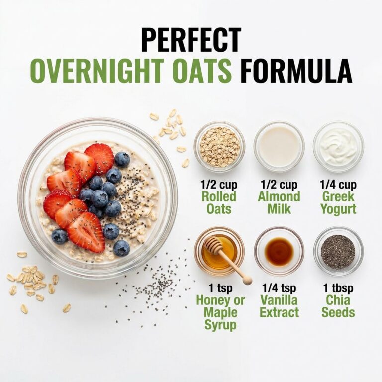A jar of perfectly prepared overnight oats with various colorful toppings like berries nuts and seeds on a bright inviti