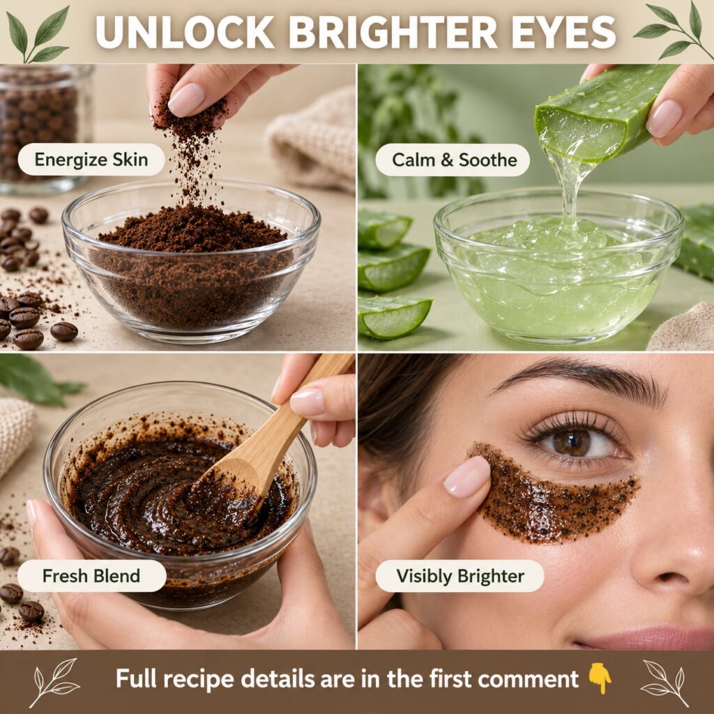 A person applying a coffee and aloe vera eye mask to their under-eye area with small bowls of coffee grounds and aloe ve