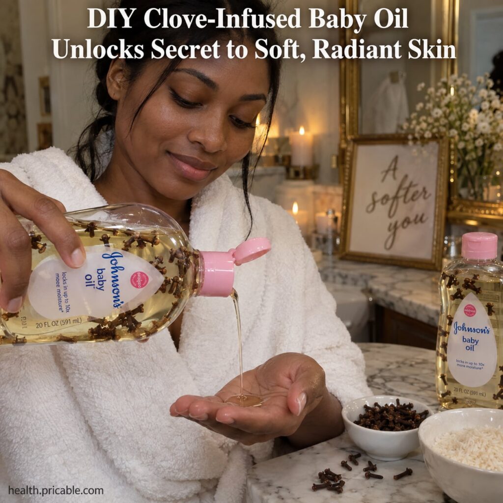 A close-up of whole cloves infusing in a clear glass bottle filled with baby oil placed on a light wooden surface with s