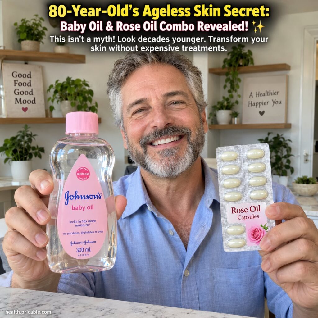 A serene image of an 80-year-old woman with clear radiant skin gently touching her cheek with a small bottle of baby oil