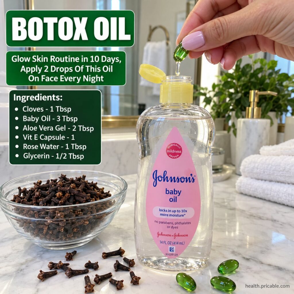 A small clear dropper bottle filled with a golden oil blend with baby oil and Vitamin E oil bottles in the background on