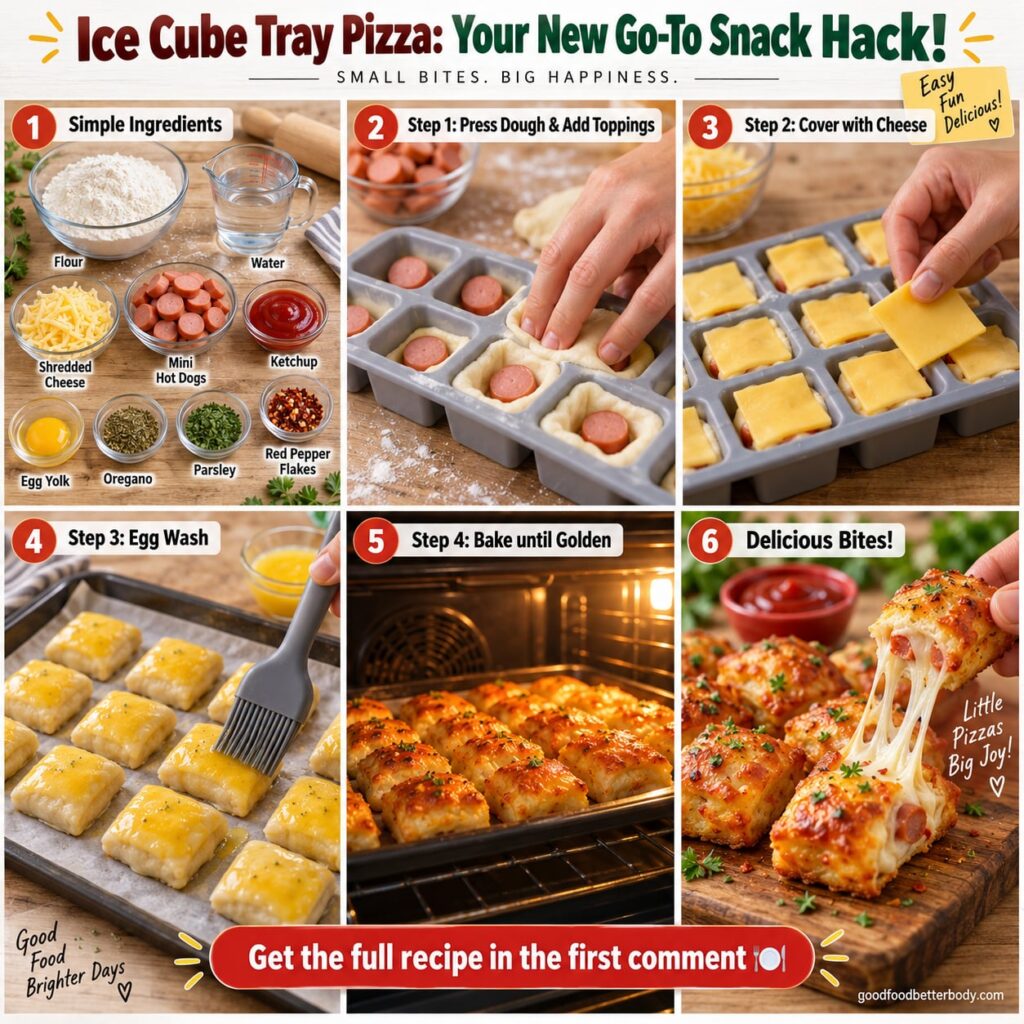 Close-up of perfectly golden-brown mini pizza bites arranged neatly in an ice cube tray with some removed and stacked on