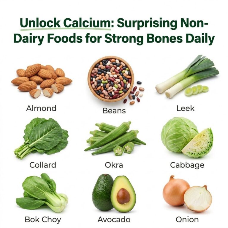 A vibrant and diverse selection of non-dairy calcium-rich foods arranged appealingly on a wooden table including leafy g