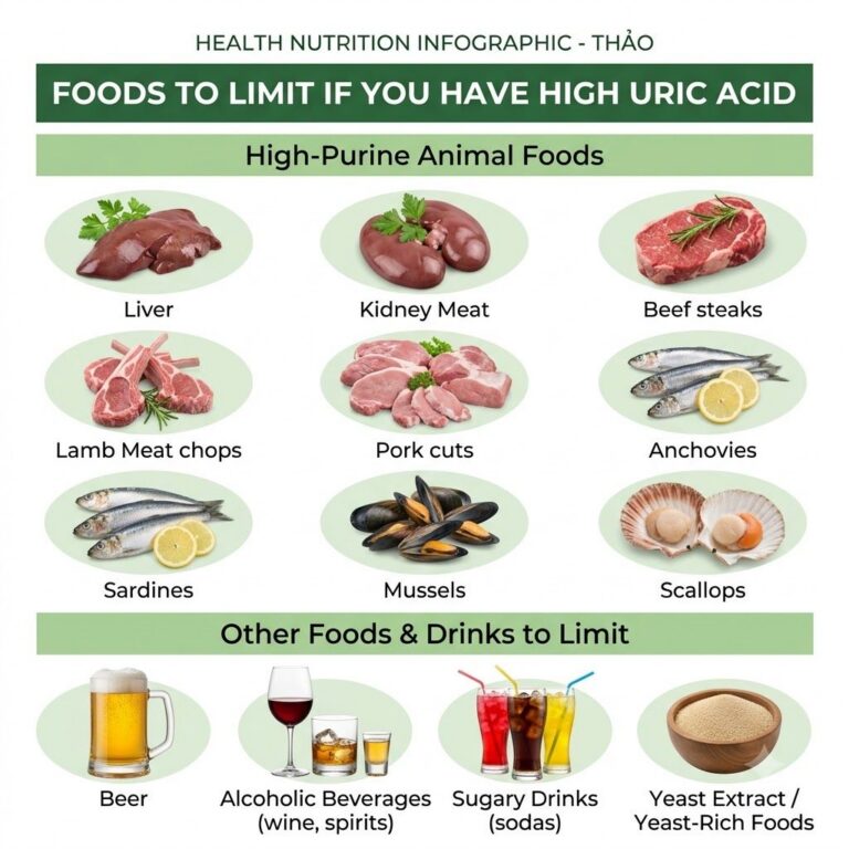 An infographic showing various foods to limit for high uric acid such as red meat shellfish sugary drinks and alcohol wi