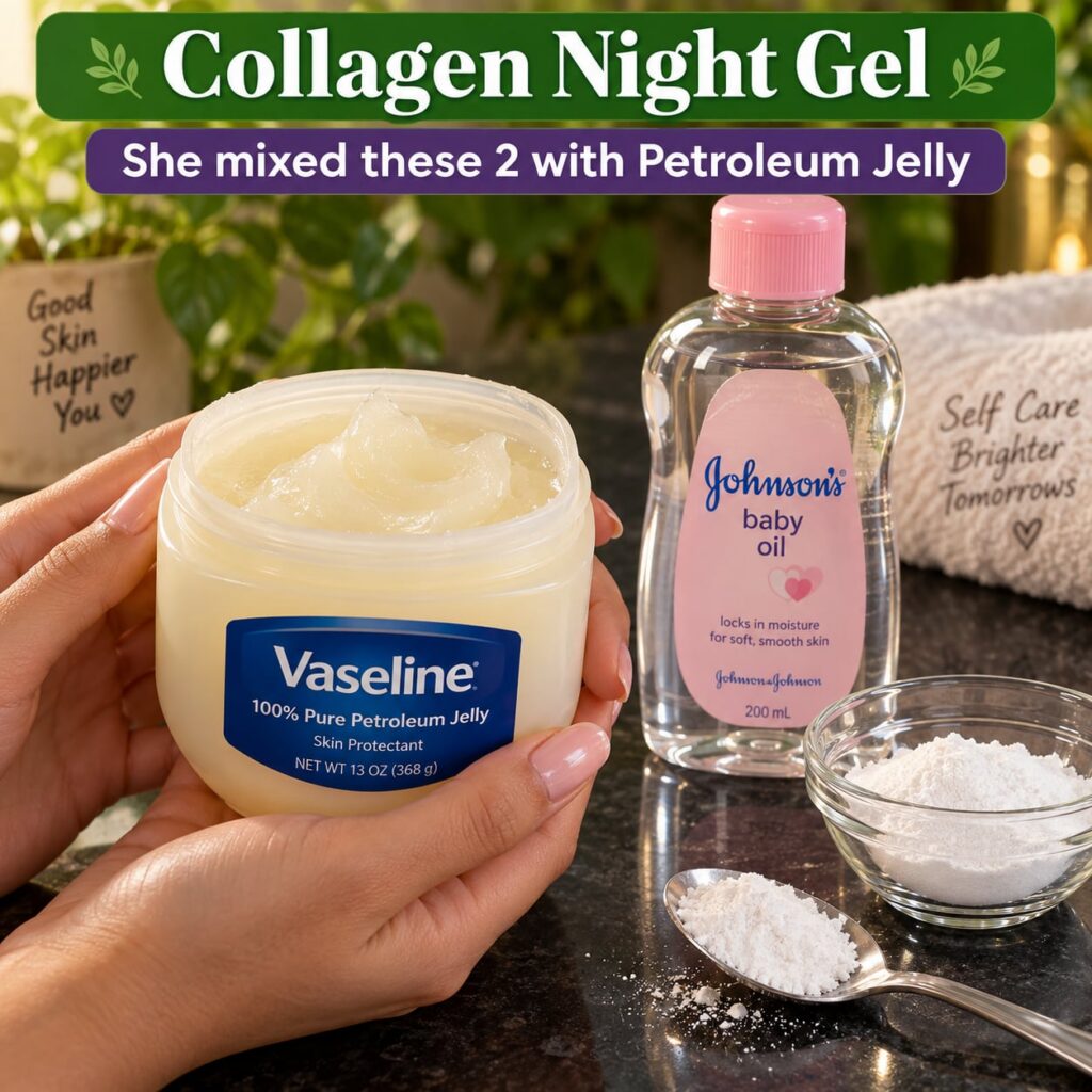 A close-up shot of the DIY Collagen Night Gel in a small elegant jar surrounded by its simple ingredients a tub of petro
