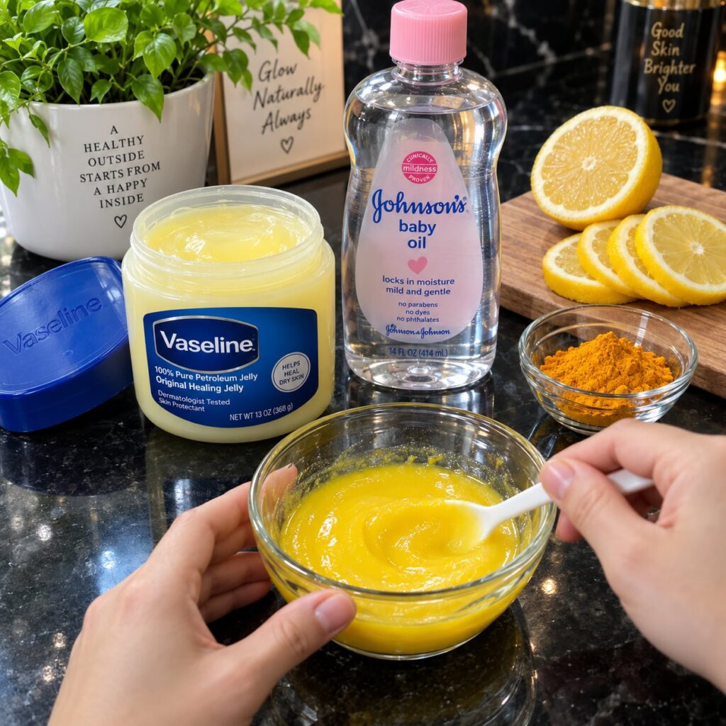 A close-up of a small bowl containing a yellow paste made from turmeric lemon and Vaseline with fresh lemon slices and a