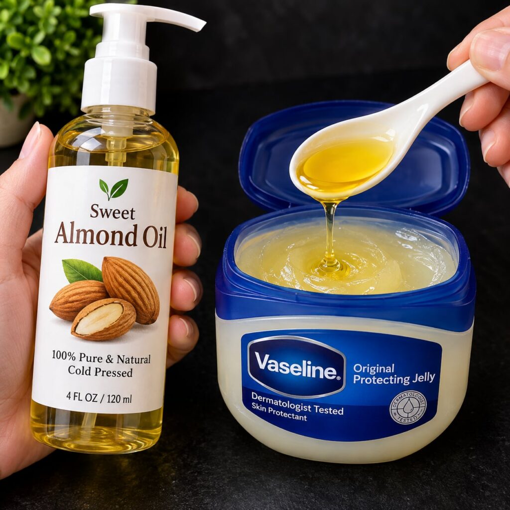 A sleek close-up shot of almond oil in a small glass dropper bottle and a small container of Vaseline arranged elegantly